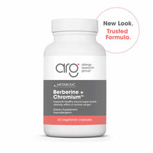 White bottle of Allergy Research Group Berberine + Chromium dietary supplement containing 60 vegetarian capsules.