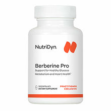 White bottle of NutriDyn Berberine Pro dietary supplement with red logo and label, containing 90 capsules.