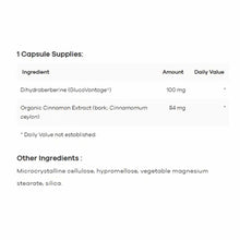 Supplement facts label showing ingredients per capsule including dihydroberberine, cinnamon extract, and other capsule ingred
