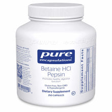 White bottle of Pure Encapsulations Betaine HCl Pepsin dietary supplement containing 250 capsules with white screw-top cap.