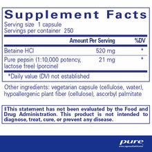 Supplement Facts label for Betaine HCl 520 mg with pure pepsin, 250 capsules per container.