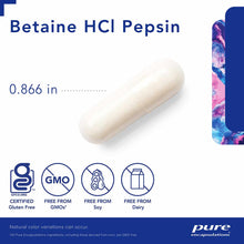 White capsule labeled Betaine HCl Pepsin, 0.866 inches, with Pure Encapsulations branding and certifications for gluten-free,