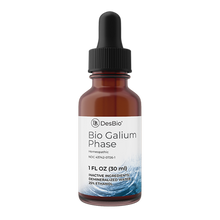 An amber glass dropper bottle with a black rubber bulb and a white DesBio label reading Bio Galium Phase, 1 fl oz.