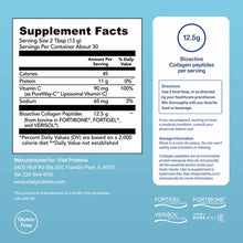 Supplement Facts panel and usage instructions for BioActive Collagen Complex with 12.5g collagen peptides per serving on blue