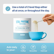 Vital Proteins collagen powder container with blue label next to blue mug, spoon adding powder to beverage, and usage instruc
