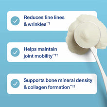 White collagen powder in measuring scoop with benefit claims on blue background.