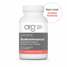 White bottle of Allergy Research Group BioMaintenance probiotic supplement with gray and coral label, 60 vegetarian capsules.
