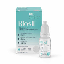 BioSil Advanced Collagen Generator liquid supplement 0.5 fl oz bottle with turquoise box packaging.