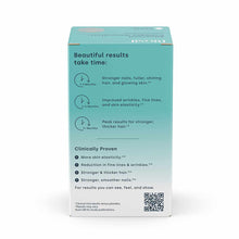 Turquoise BioSil product box displaying timeline of results and clinically proven benefits with QR code.
