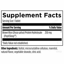 Supplement Facts label showing serving size of 1 tablet containing 250 mg brown rice protein hydrolysate and other ingredient