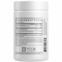 White supplement container with white lid and printed label showing Supplement Facts, ingredients, and usage instructions.