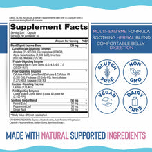 Bloat Digest enzyme supplement bottle label showing supplement facts, multi-enzyme formula, and certifications for gluten-fre