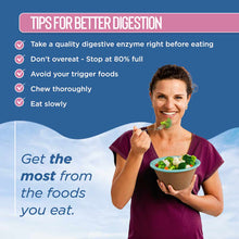 Woman in burgundy shirt holding bowl of vegetables with digestion tips displayed on blue background.