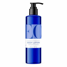 Blue bottle of body lotion with black pump dispenser, labeled "calming french lavender," 8 fl oz size.