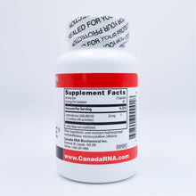 White cylindrical supplement bottle with red band and seal, labeled Boluoke by Canada RNA Biochemical, showing supplement fac