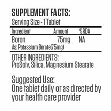 Supplement facts label for BoroTab 75 mg tablet showing boron content, potassium borate, and other ingredients with suggested