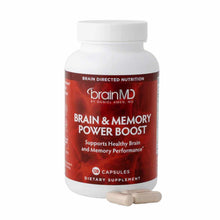 BrainMD Brain & Memory Power Boost bottle with white cap and red label, with two tan capsules displayed in front.