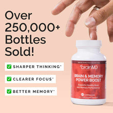 White bottle with red label held by hand showing BrainMD Brain & Memory Power Boost capsules supplement.