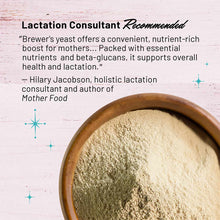 Brewer's yeast powder in wooden bowl on pink wooden surface with lactation consultant recommendation text.