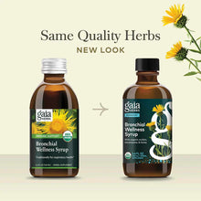 Gaia Herbs Bronchial Wellness Syrup in 5.4 fl oz amber glass bottle with silver and black caps, showing old and new label des
