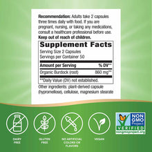 Supplement Facts label for Burdock Root 475 mg capsules with serving information and ingredient list on white background with