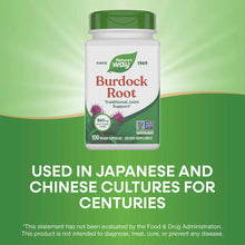White bottle with green cap labeled "Burdock Root" by Nature's Way, containing 100 vegan capsules, with burdock plant imagery