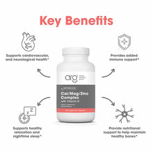 White bottle of Cal/Mag/Zinc Complex with Vitamin D supplement by Allergy Research Group, 240 vegetarian capsules.