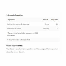 Supplement facts label showing calcium D-glucarate ingredients and daily value information for one capsule.