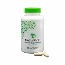 White bottle with green cap labeled "Calm PRT Dietary Supplement" containing 90 capsules, with two capsules displayed below.