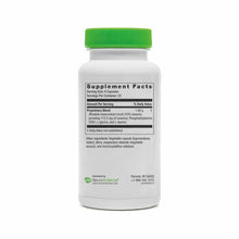 White supplement bottle with green cap containing Calm PRT capsules, showing supplement facts label and NeuroScience branding
