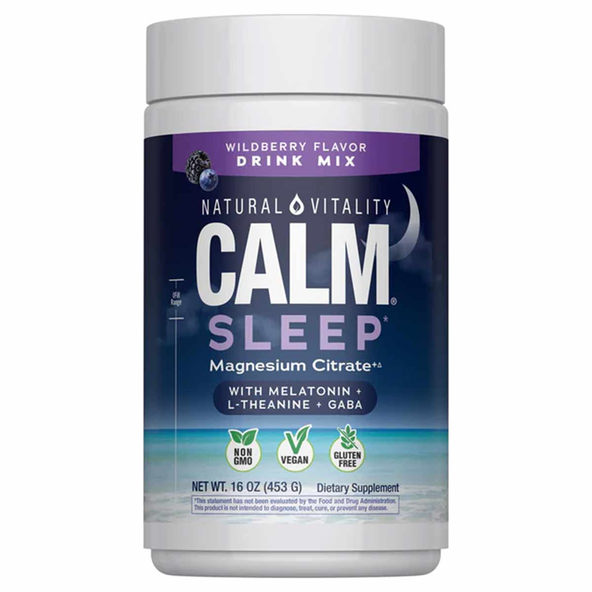 Natural Vitality Calm Sleep wildberry flavor drink mix powder in white container with purple and blue label.