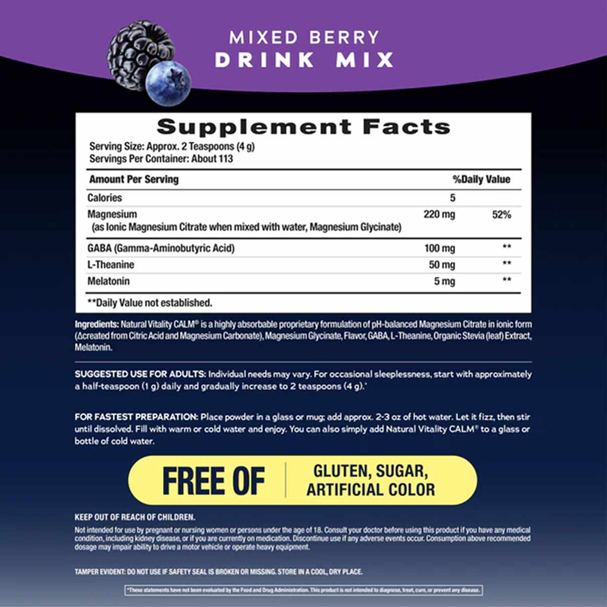 Purple and black product label for Natural Vitality mixed berry sleep drink mix with supplement facts, ingredients, and usage