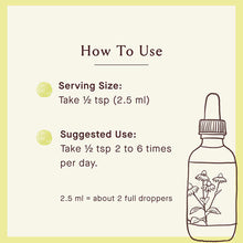 Glass dropper bottle with line drawing of flowering plant and usage instructions on cream background with yellow border.