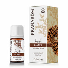 Pranarom Cannes Diffusion Blend essential oil bottle with USDA organic label and tan box featuring botanical illustrations an