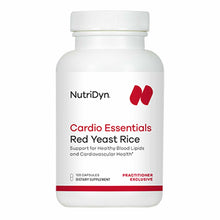 White bottle of NutriDyn Cardio Essentials Red Yeast Rice dietary supplement with red logo and text, containing 120 capsules.