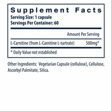 Supplement Facts label showing L-Carnitine 500mg per capsule, 60 servings per container, with vegetarian capsule ingredients