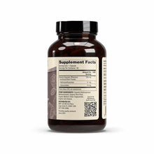 Brown glass bottle with black cap containing Cascara Sagrada supplement capsules and beige label with supplement facts.