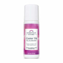 Heritage Store castor oil roll-on treatment in a 3 fl oz bottle with white cap and pink-labeled body.