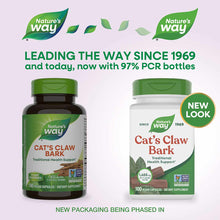 Two Nature's Way Cat's Claw Bark supplement bottles: dark glass bottle with green cap on left, white bottle with green cap on