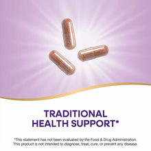 Three brown herbal supplement capsules on a purple background with gold curved design element.
