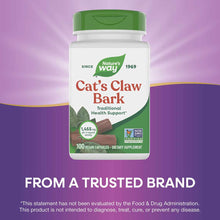 Nature's Way Cat's Claw Bark dietary supplement bottle with green cap containing 100 vegan capsules.
