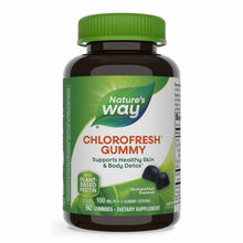 Dark glass bottle with green cap and label showing Nature's Way Chlorofresh Gummy supplement, 60 gummies, orchard fruit flavo