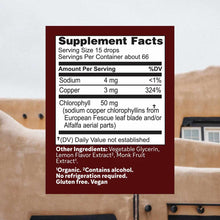Supplement Facts label for Chloroxygen Lemonade Drops showing serving size, ingredients including chlorophyll and copper, and