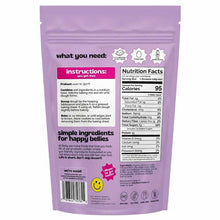 Back of a purple cookie mix pouch showing baking instructions, a Nutrition Facts panel, ingredients list, and a smiley face.