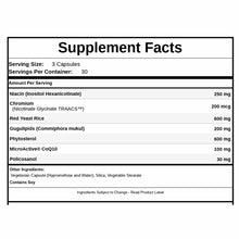 Supplement Facts label showing ingredients including niacin, chromium, red yeast rice, gugulipids, phyosterol, CoQ10, and pol