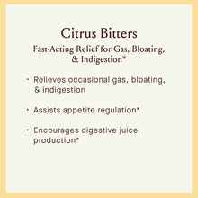 Citrus Bitters product label with text describing relief for gas, bloating, and indigestion benefits.