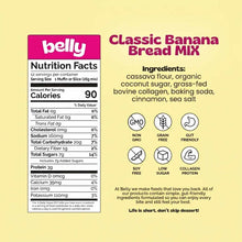 Nutrition facts panel and ingredient list for Belly Classic Banana Bread Mix, with icons for non-GMO, grain free, and gut friendly.
