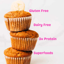Three banana muffins in paper liners are stacked, topped with a banana slice, beside pink text reading Gluten Free, Dairy Free, 3x Protein, Superfoods.