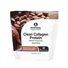 White pouch of Nutritional Frontiers Clean Collagen Protein in cacao flavor with cacao pod imagery, 30 powder servings, 1236.