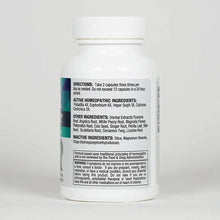 White plastic bottle with white screw cap containing capsules, labeled with directions, active ingredients, and warning infor